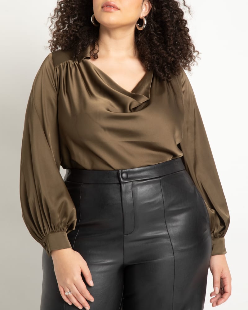 Front of a model wearing a size 28 Collared Cowl Neck Satin Blouse in Olive by ELOQUII. | dia_product_style_image_id:272681